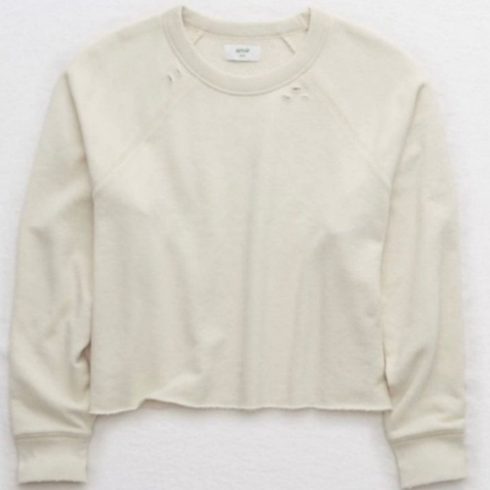 Aerie Sunday Soft Distressed Crewneck Cropped Sweatshirt Women's Size XS - Picture 8 of 8